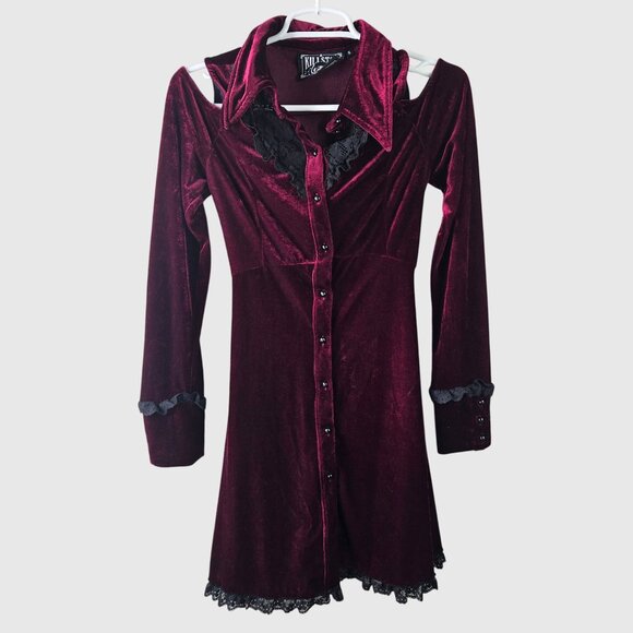 Killstar Goth Shirt Dress S Burgundy Velvet Black Lace Button Front Long Sleeve - Picture 2 of 13